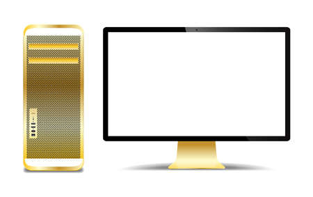 A realistic gold computer tower and screen isolated on a white backgroundのイラスト素材