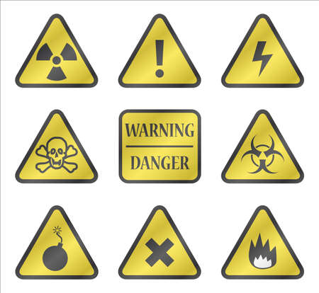A selection of yellow triangular hazard signs isolated on a white backgroundのイラスト素材