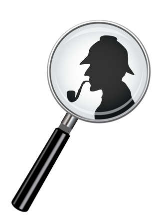 A realistic magnifying glass design with a Sherlock Holmes silhouette isolated on a white backgroundのイラスト素材