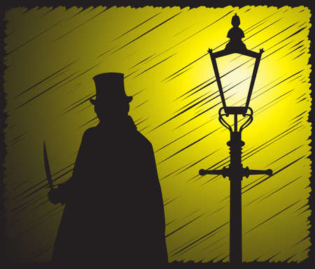 A grunged silhouette of jack the ripper with a knife in the light of a street lampのイラスト素材