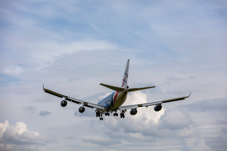 A 747 climbing away after take off from runway 27 at East Midlands Airport