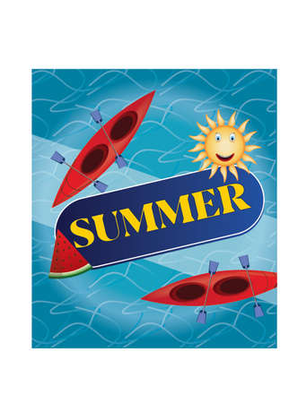 Water background with kayaks and caption: Summerのイラスト素材