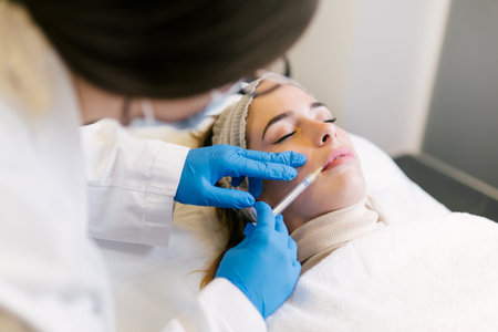 Woman getting a botox injection on her lips and face by a doctor. Beauty treatment at a clinic