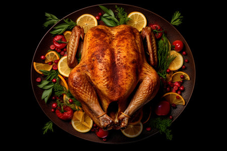 Roasted whole chicken with lemon and cranberries on a black backgroundの素材