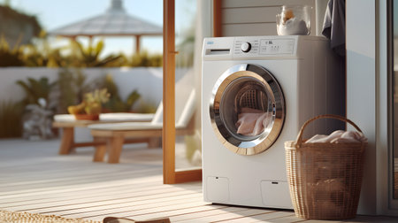 Modern washing machine on terrace of house. laundry dayの素材