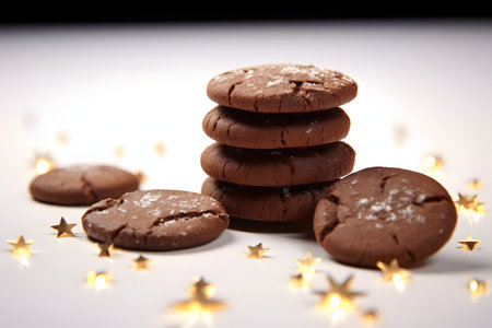 Chocolate cookies on a white background with stars and sparkles.の素材