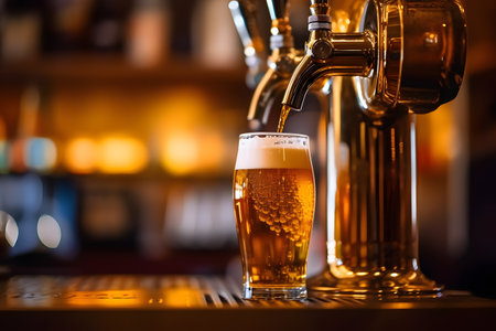 Beer pouring into a glass on the bar counter in a pub.の素材