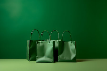 Green shopping bags on green background. 3d rendering. Mock up.の素材
