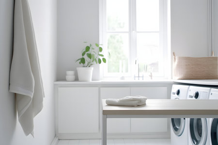Laundry room interior with washing machine and white table. 3d renderingの素材