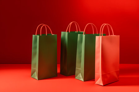 Colored shopping bags on a red background. 3d rendering.の素材