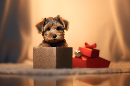 Cute yorkshire terrier puppy with gift boxes on light backgroundの素材