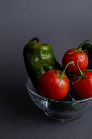 Deep plate with chilies and tomatoes for the preparation of Mexican sauceの写真素材