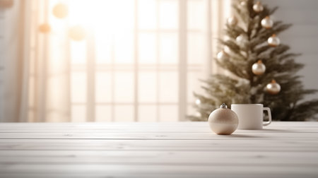 Cup of coffee and christmas tree on white wooden table. 3d renderingの素材