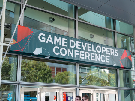 SAN FRANCISCO, CA - MARCH 18, 2018: Game Developerâs Conference banner for GDC 2018 in the Moscone Center in downtown San Francisco.のeditorial素材