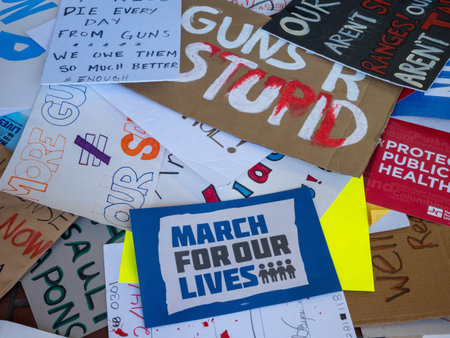 SAN FRANCISCO, CA - MARCH 24, 2018: Various discarded signs for the March for Our Lives rally in San...