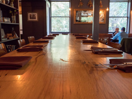 Long table prepared to serve in a brewery
