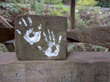 Hand art displayed in park with space to rightの写真素材