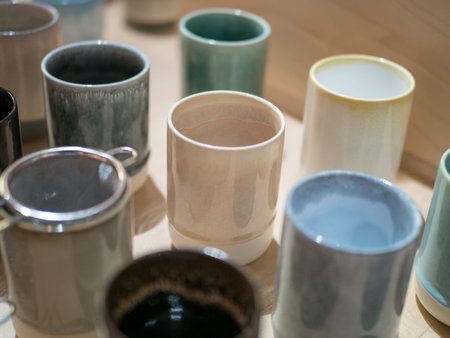Row of japanese porcelain cups on display in store
