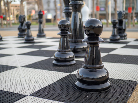 A black chess set in on a giant chess board in a park outdoors