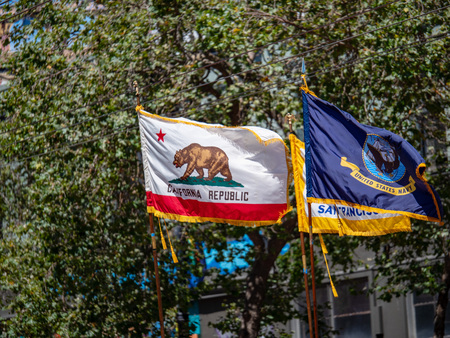 California state flag, San Francisco, and United States Navy Flags on display at San Francisco LBGT Pride Festivalのeditorial素材