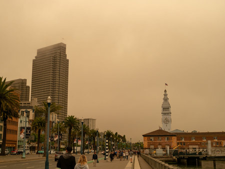San Francisco Ferry Building on Embarcadero taken over by smog of nearby wildfires
