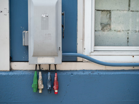 Red, white, blue, and red industrial power cables hanging outside of a fuse box