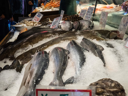 Fresh fish, lobster, salmon, halibut, for sale at fish market