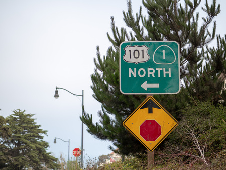 101 North stop sign pointing ahead and to left near treesの写真素材