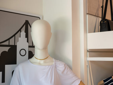 Female mannequin standing in storefront with blouse and inventoryの写真素材