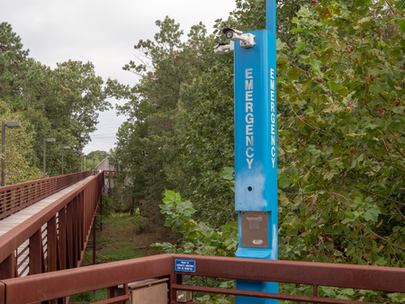 Emergency blue light pole in quiet wooden footpath areaの写真素材