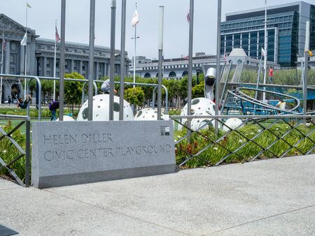 Helen Diller Civic Center Playground sign and site, part of Civic Center revitalization projectのeditorial素材