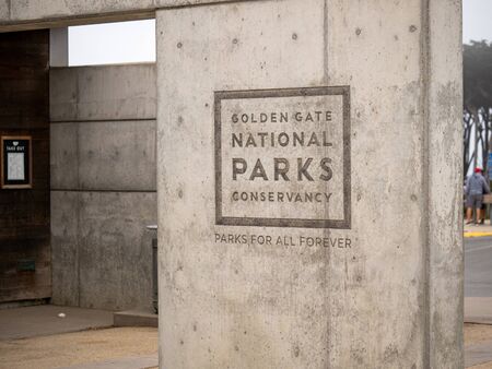 Golden Gate National Parks Conservatory logo etched in concrete outside buildingのeditorial素材