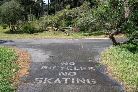 No bicycles no skating warning on asphalt sidewalk in urban park recreation areaの写真素材