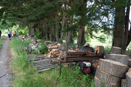 Small sawmill wood cutting machine sitting with piles of chopped logsの写真素材
