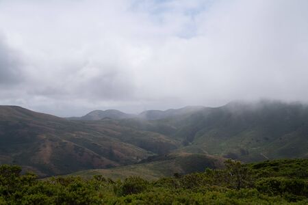 Rolling fog blocking view of nature, forest, hills, and trailheadの写真素材
