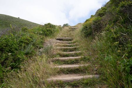 Wooden outdoor stairs on dirt hiking path overrun with nature leading upの写真素材