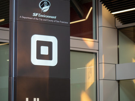 Square payment processing sign outside of San Francisco headquarters office locationのeditorial素材