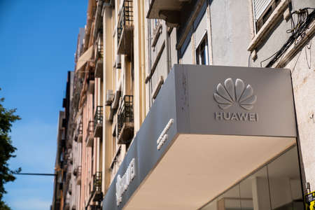 Huawei logo outside office location in Lisbonのeditorial素材