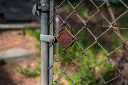 Chain link fence with rusted padlock opening in a nature areaの写真素材