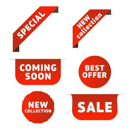 Discount banner promotion template. badges and labels isolated on white background. Sale tags collection. Red ribbon and banner with Special, New, Coming Soon, Best Offer text.のイラスト素材