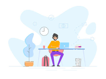 Young guy programmer freelancer working online sitting on the armchair in the office at the computer, laptop. Happy worker. New employee, co-worker to the team.のイラスト素材