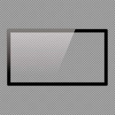 LCD monitor set illustrations. Realistic empty TV frame with reflection and transparency screen isolated.  Lcd display screen, tv digital panel plasmaのイラスト素材