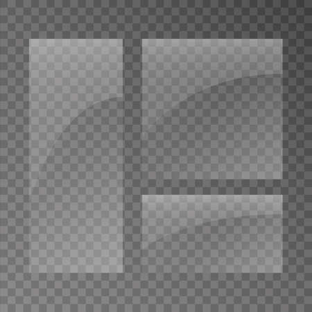 Set of transparent shiny glass plates. Clear glass showcase on a transparent background. Realistic window, phone protective film, lens circle, makeup mirror, picture frame.のイラスト素材