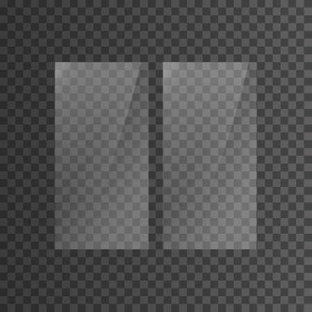 Glass plate set on transparent background. Clear glass showcase. Realistic window mockup. Vector illustrationのイラスト素材