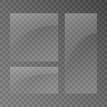 Set of transparent shiny glass plates. Clear glass showcase on a transparent background. Realistic window, phone protective film, lens circle, makeup mirror, picture frame. Mirror reflection. Windows.のイラスト素材