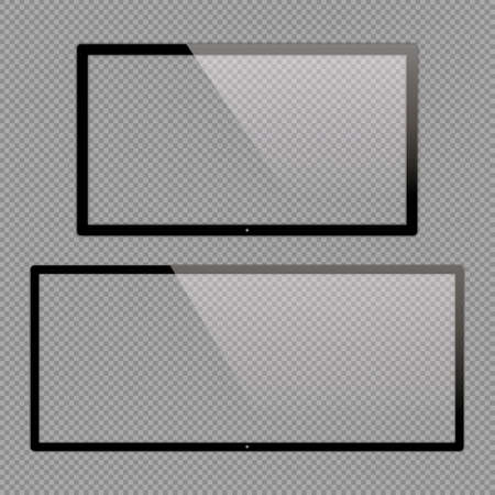 16x9 and 21x9 LCD monitor set vector illustrations. Realistic empty TV frame with reflection and transparency screen isolated.  Lcd display screen, tv digital panel plasmaのイラスト素材