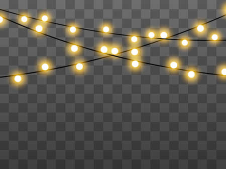 Lights bulbs isolated on transparent background. Christmas tree fairy lights wire string. Wedding or Party, New Year decor lamps. Chalkboard string lights bunches.のイラスト素材