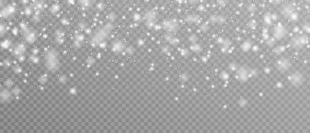 Realistic vector falling snow fall overlay. Shining snowflakes background for Christmas banner of winter collection decoration isolated on transparent. Stock vector.のイラスト素材