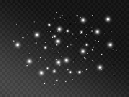 White sparks and glowing stars shine with special light. Vector sparkles on a transparent background. Christmas light effect. Sparkling magical dust particles.のイラスト素材