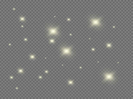 Yellow sparks and golden stars shine with special light. Vector dust particles on a transparent background. Christmas light effect. Sparkling magical dust particles.のイラスト素材